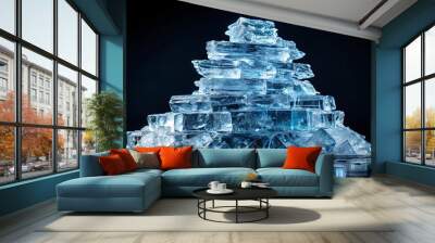 A crystalline pyramid constructed of frozen water, reflecting the light of an unseen source, casting a cool blue glow on the surrounding darkness. Wall mural