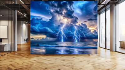 A dramatic seascape with two lightning bolts striking the ocean beneath a towering storm cloud, illuminating the sky with an electric blue glow Wall mural