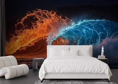 A fiery orange wave crashes into a luminous blue wave, creating a dazzling collision of natural elements. Wall mural