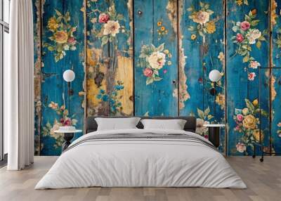 A weathered wooden surface adorned with faded floral designs, showcasing the passage of time and the enduring beauty of nature Wall mural