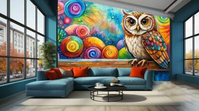 A whimsical painting of an owl in front of a colorful owl artwork on a ledge Wall mural