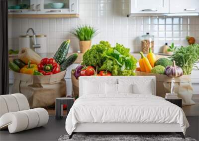 Assorted vegetables in three bags on kitchen counter, fresh produce Wall mural