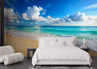 Beautiful sandy beach with soft blue ocean waves , paradise, summer, relaxation, tropical, shore, serene, tranquil, vacation Wall mural