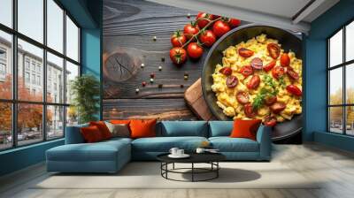 Breakfast pan with scrambled eggs, crispy bacon, and roasted tomatoes , breakfast, pan, eggs, bacon, tomatoes, food, morning Wall mural