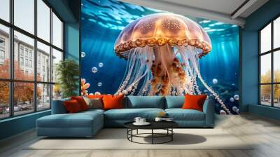 Close up of a jellyfish with bubbles under its head in the ocean Wall mural