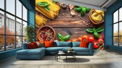 Colorful flat lay of fresh Italian cooking ingredients including tomatoes, garlic, pasta, and herbs, perfect for creating delicious Italian dishes Wall mural