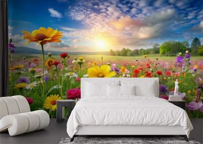 Colorful flower meadow landscape with a variety of vibrant blooms , flowers, meadow, colorful, landscape, nature, vibrant, bloom Wall mural