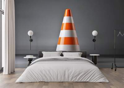 Detailed rendering of a bright orange traffic cone with reflective stripes for safety on roads Wall mural