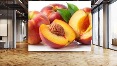 Fresh ripe peach with juicy slices on a white background, peach, fruit, fresh, ripe, juicy, sweet, healthy, nutrition Wall mural