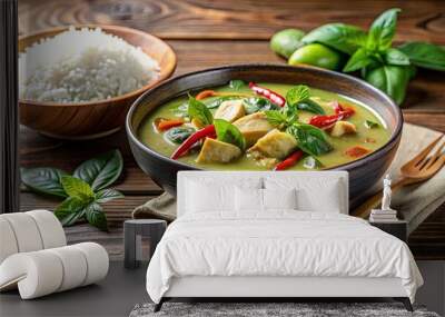 Freshly prepared green curry with rice and vegetables in a Thai ceramic bowl on a wooden table Wall mural