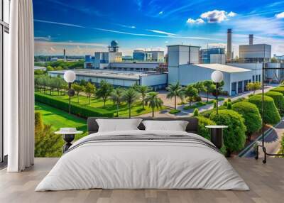 Industrial area with clear blue skies, surrounded by lush green plants Wall mural