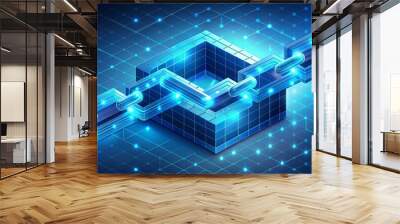 Isometric blockchain digital block chain concept futuristic technology background Wall mural