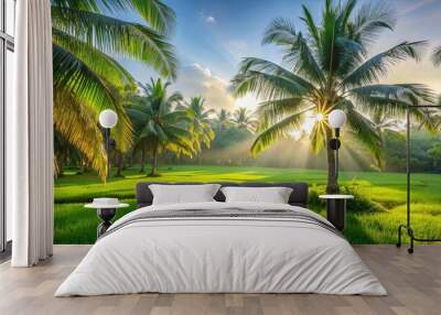 Scenery of green garden and meadow in morning with coconut tree palm, sunbeam at natural park, Nature, greenery Wall mural