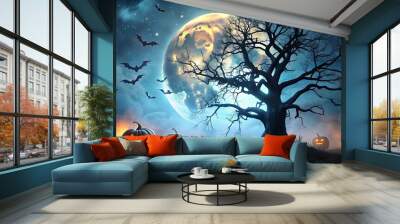 Spooky tree in dark night with Halloween horror background, Spooky, tree, dark, night, Halloween, horror, black, background Wall mural