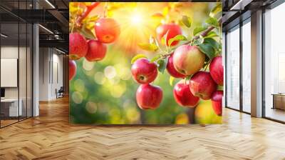 Sweet fresh red apples hanging on a branch of a tree on a sunny bokeh blurred background close-up, apples, red, fresh, hanging Wall mural