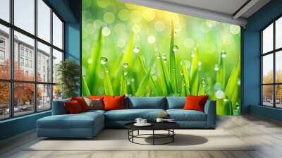 Vibrant green grass background with dewdrops, nature, fresh, outdoors, spring, texture, garden, natural, lush, environment Wall mural