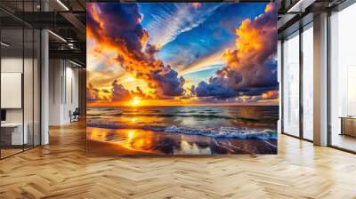 Vibrant sunset over the ocean at the beach with dramatic cloud formation , sunset, ocean, beach, clouds, sky, horizon, evening Wall mural