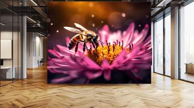 a bee collects pollen from flowers in the garden Wall mural