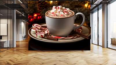 A cup of hot chocolate with marshmallows and a candy cane Wall mural