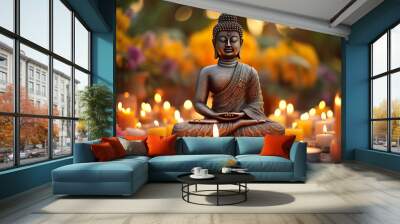 Buddha Statue With Candles In Natural Background Wall mural