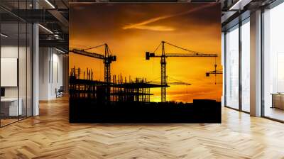 construction cranes silhouette sunset - Generative AI Wall mural