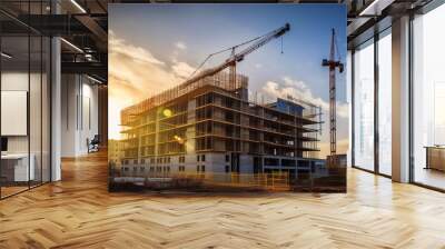 construction site and sunset , structural steel beam build large residential buildings Wall mural