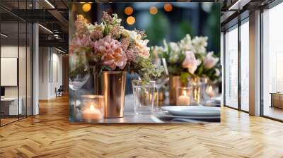 Flower table decorations for holidays and wedding dinner. Table set for holiday, event, party or wedding reception in outdoor restaurant.  Wall mural