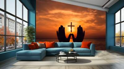 Man hands palm up praying and worship of cross, eucharist therapy bless god helping, hope and faith, christian religion concept on sunset background. Wall mural