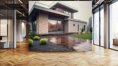 Modern villa design concept with parking space on the front, rainy day mood Wall mural