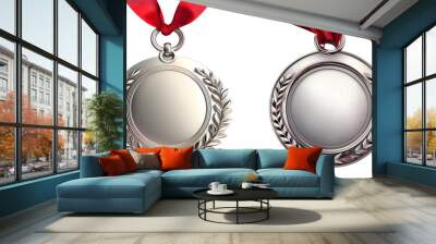 silver medal on red ribbon isolated on transparent png background Wall mural