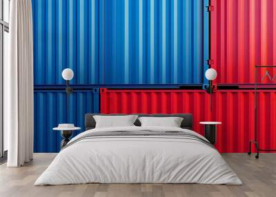 stacked red and blue freight cargo containers - Generative AI Wall mural