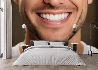 Young man with beautiful smile on grey background. Teeth whitening Wall mural