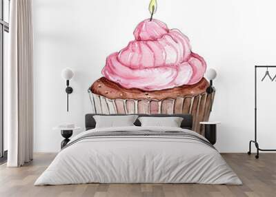 Hand-Drawn Watercolor Cupcake with Pink Frosting and Candle. Wall mural