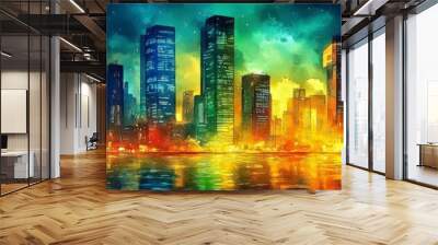 Vibrant Night Cityscape with Colorful Skyscrapers and Reflected Lights Wall mural