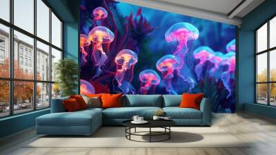 A group of colorful glowing jellyfish on the ocean floor, the beauty of the sea, the diversity of ocean fauna, diving, backdrop Wall mural