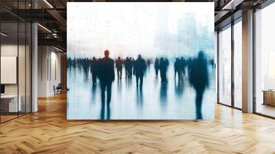 digital virtual silhouettes of businessmen and ordinary people on the move, copy space, place for text	 Wall mural