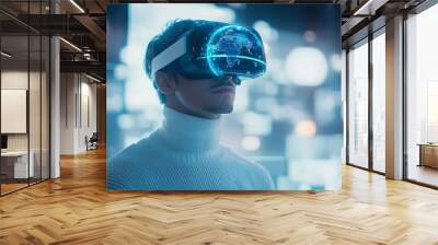 engineer in virtual (augmented) reality glasses stands in a futuristic laboratory of the future develops eco-concept, on the virtual reality helmet hologram of the planet earth Wall mural