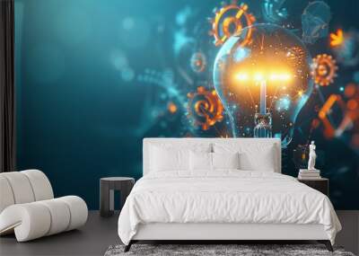 light bulb with arrow and settings icons on a soft blue background, copy space, place for text Wall mural