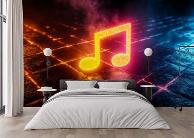 musical note glowing with neon light on a dark smoky background Wall mural