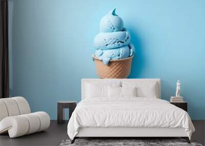 Organic ice cream in waffle cone. Summer mood, pastel colored dessert, delicious refreshing gelato. Wall mural