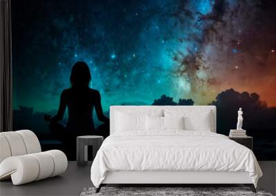 Silhouette human lotus position, meditation space galaxy cloud nebula, cosmos background wallpaper Wall mural