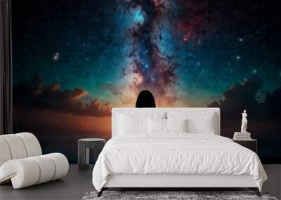 Silhouette human lotus position, meditation space galaxy cloud nebula, cosmos background wallpaper Wall mural