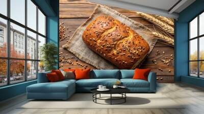 A golden loaf of bread, bursting with seeds, rests on a rustic burlap cloth, surrounded by wheat stalks and scattered seeds on a weathered wooden surface. Wall mural