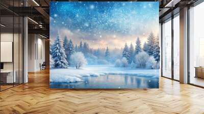 A magical winter wonderland with snow-covered trees and a glistening river reflecting the blue sky and falling snow. Wall mural