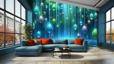 A symphony of colorful Easter eggs suspended in a vibrant blue and green glow, creating a magical and festive backdrop for spring celebrations. Wall mural