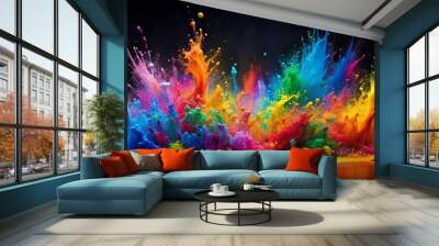 A vibrant explosion of colorful liquid, captured in a dramatic freeze-frame, showcasing the dynamic energy of abstract art. Wall mural