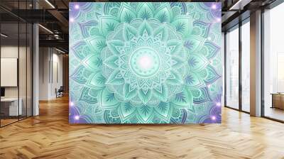 Abstract lavender and mint mandala patterns with glowing elements Wall mural