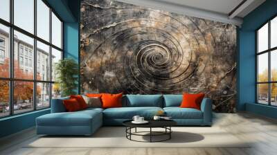 An aged and weathered surface with a carved spiral, hinting at forgotten knowledge and ancient rituals. Wall mural