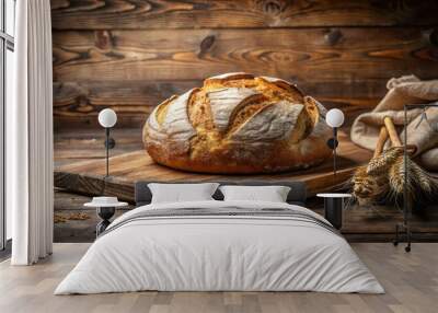 Freshly baked bread on a rustic wooden board, perfect for food or bakery concept Wall mural