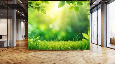 Lush and vibrant natural green background with leaves, grass, and plants Wall mural